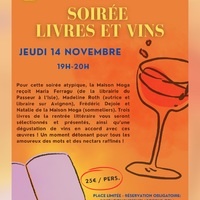 🤗 La Maison Moga & @liresurlasorgue présentent :

📖🍷SOIRÉE LIVRES ET VINS 
🗓️ JEUDI 14 NOVEMBRE
🕰️ 19H-20H
📍 la Maison Moga 3 cours Anatole France 

ℹ️ Pour cette soirée atypique, la Maison Moga reçoit Maria Ferragu (de la librairie du Passeur à l’Isle), Madeline Roth (autrice et libraire sur Avignon), Frédéric Dejoie et Natalie de la Maison Moga (sommeliers). Trois livres de la rentrée littéraire vous seront sélectionnés et présentés, ainsi qu’une dégustation de vins en accord avec ces œuvres! Un moment détonant pour tous les amoureux des mots et des nectars raffinés !

🏷️ 25€ / pers.
⚠️ Places limitées - Réservation obligatoire sur invitation@liresurlasorgue.com

.
.
.
.
.
.
#maisonmoga #Festivallitteraire #Bookstagram #instalecture #bookstagramfrance #livrestagram #livreaddict #instalivre 
#rencontrelitteraire #librairie #islesurlasorgue #luberon #provence #vaucluse